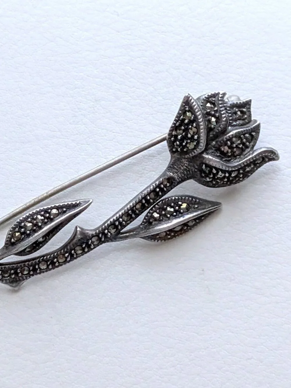 Beautiful Vintage Designer Sterling Silver 925 Marcasite Rose Flower Brooch Pin